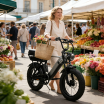 Donna che passeggia con la fat bike elettrica YANGOR Y20 Pro in colore nero in città