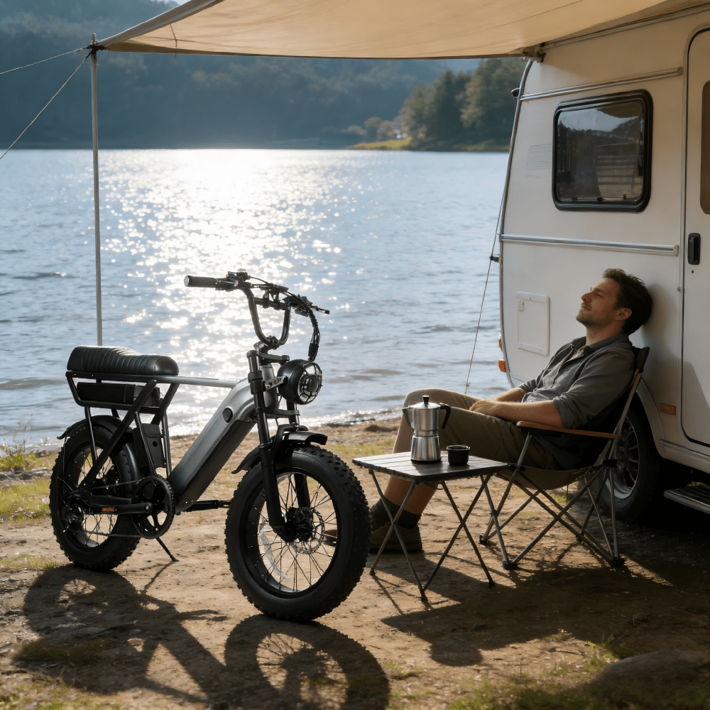Persona seduta accanto alla fat bike elettrica YANGOR Y20 Pro in colore nero in riva a un lago