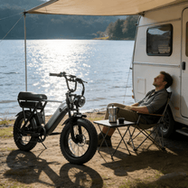 Persona seduta accanto alla fat bike elettrica YANGOR Y20 Pro in colore nero in riva a un lago