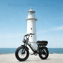 Fat bike elettrica YANGOR Y20 Pro vista di tre quarti in colore nero in riva al mare