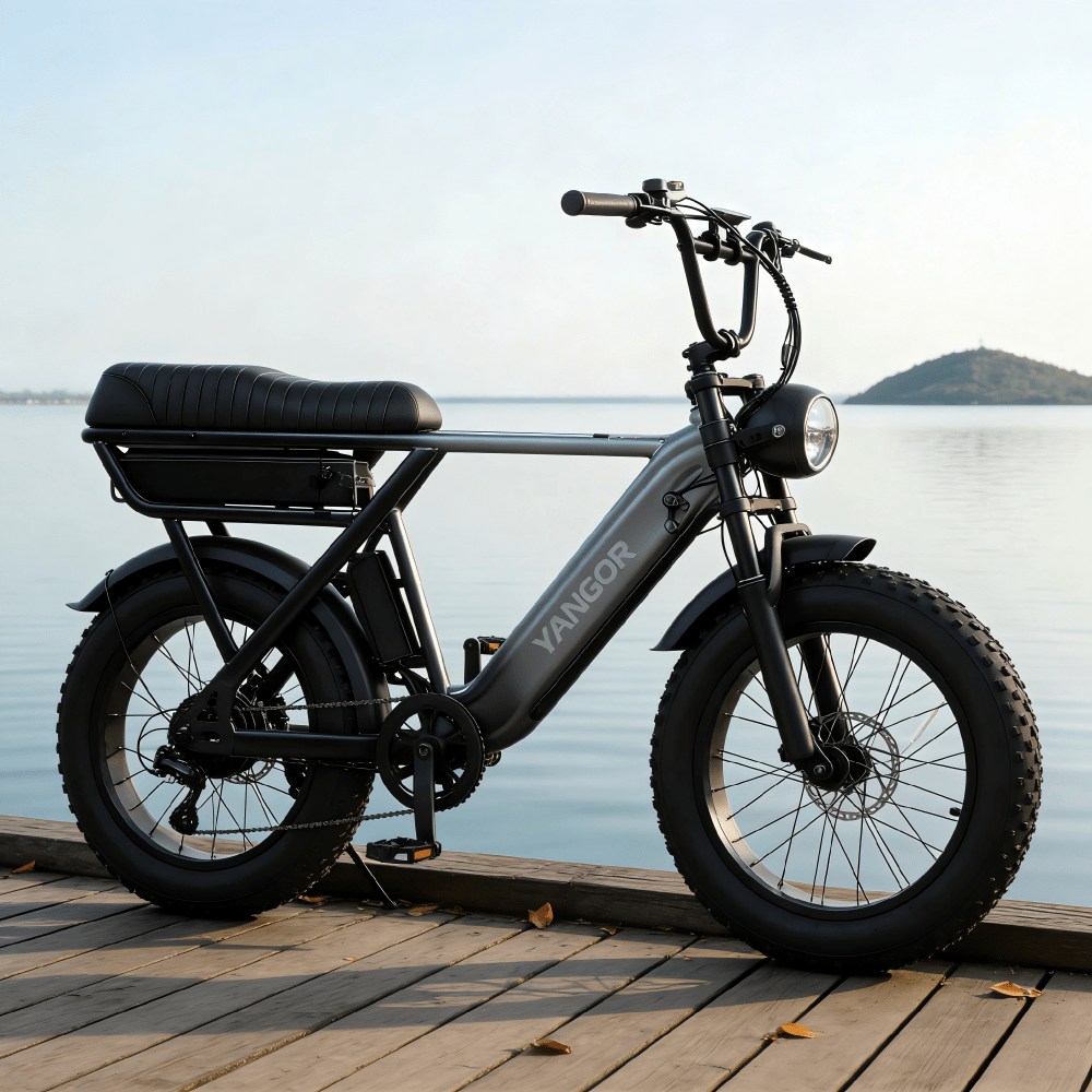 Fat bike elettrica YANGOR Y20 Pro vista di lato in colore nero in riva a un lago