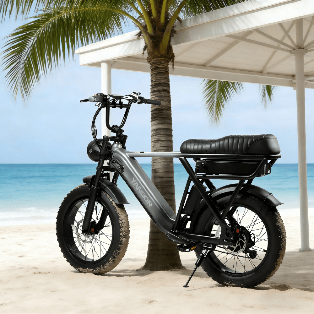 Fat bike elettrica YANGOR Y20 Pro vista di tre quarti in colore nero su terreno sabbioso