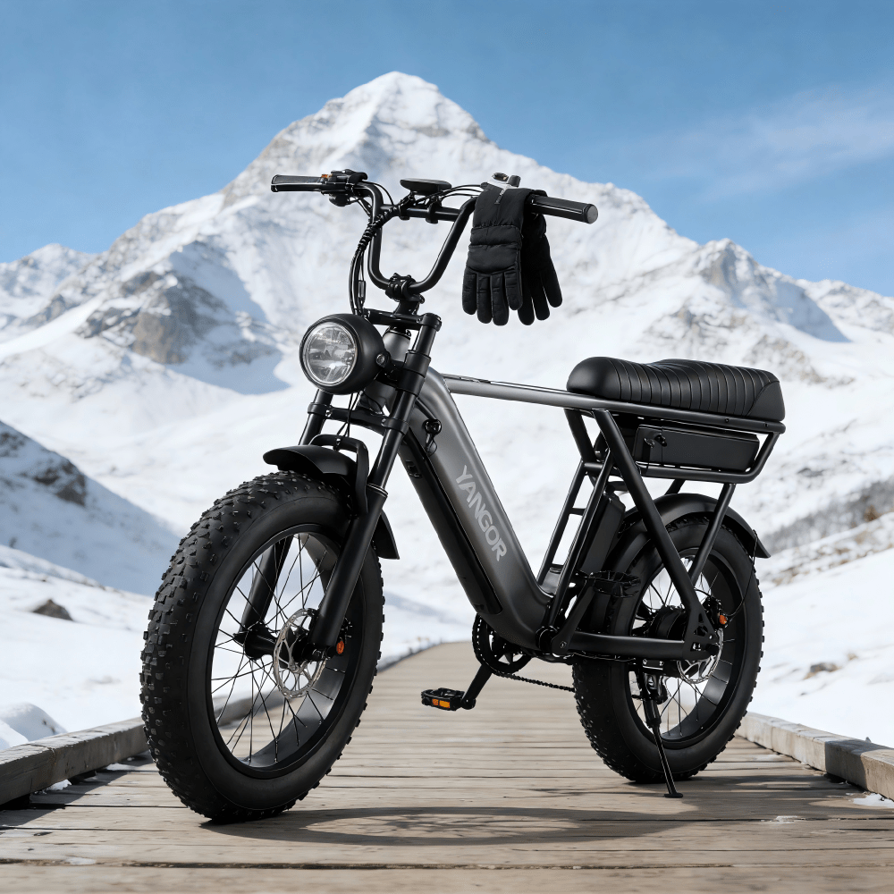 Fat bike elettrica YANGOR Y20 Pro vista di tre quarti in colore nero in montagna