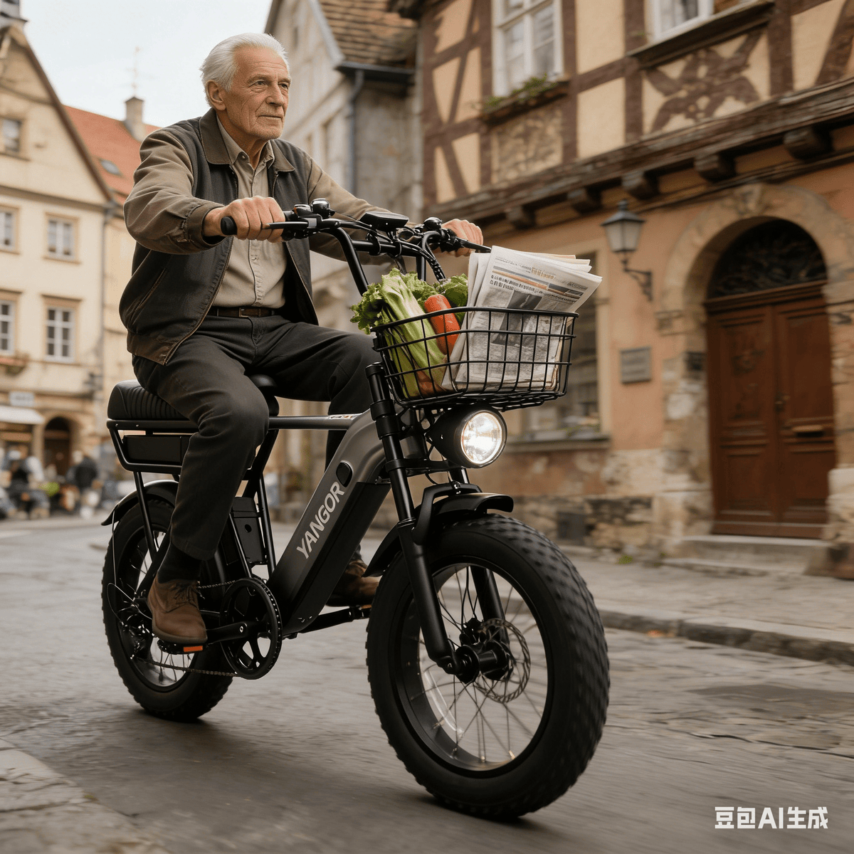 Uomo in sella alla fat bike elettrica YANGOR Y20 Pro in colore nero con cestino anteriore in città