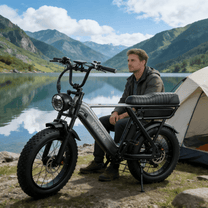 Uomo in piedi con la fat bike elettrica YANGOR Y20 Pro in colore nero in montagna