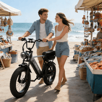 Coppia che passeggia con la fat bike elettrica YANGOR Y20 Pro in colore nero in una strada