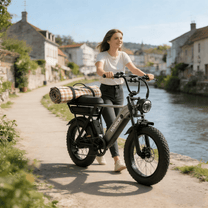 Donna alla guida della fat bike elettrica YANGOR Y20 Pro in colore nero su un vialetto