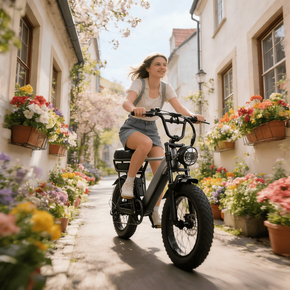 Donna alla guida della fat bike elettrica YANGOR Y20 Pro in colore nero in una strada