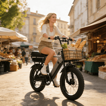 Donna alla guida della fat bike elettrica YANGOR Y20 Pro in colore nero con cestino anteriore in città