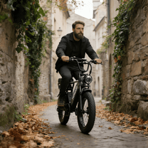 Uomo alla guida della fat bike elettrica YANGOR Y20 Pro in colore nero su un vialetto