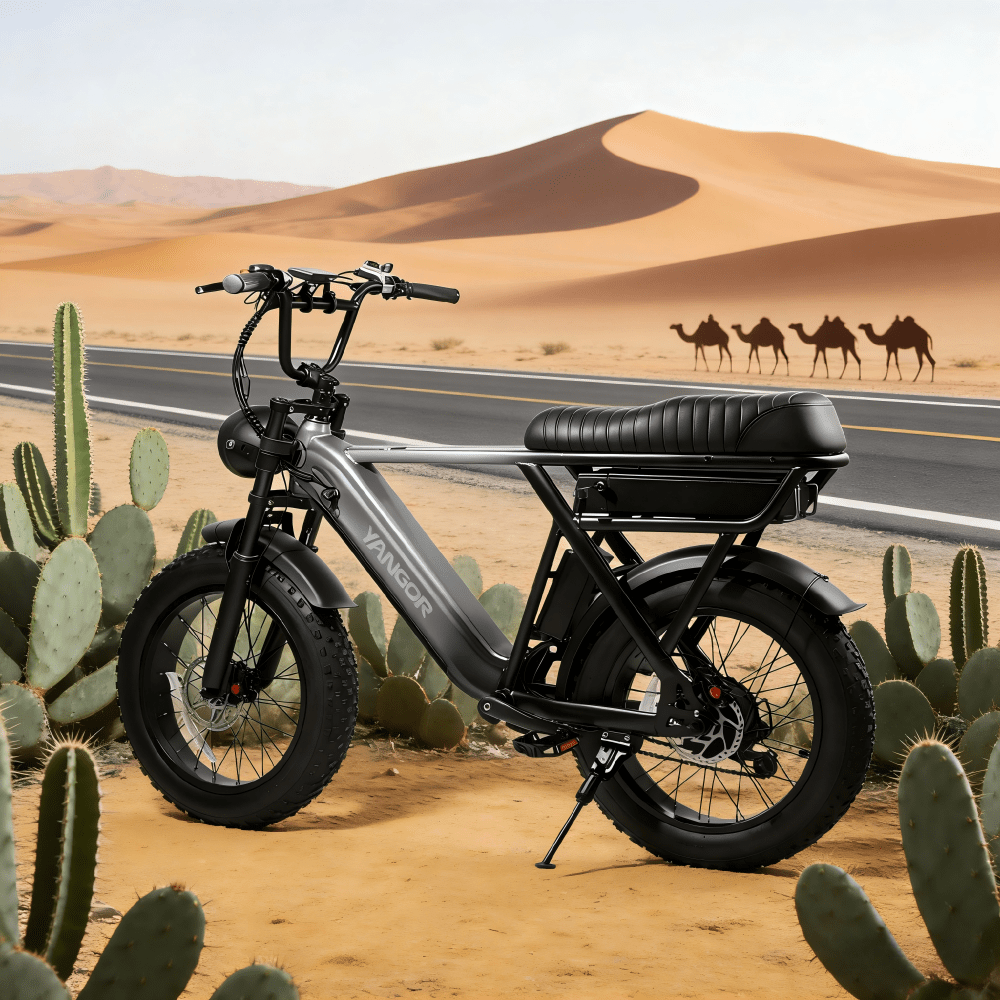 Fat bike elettrica YANGOR Y20 Pro vista di tre quarti in colore nero nel deserto