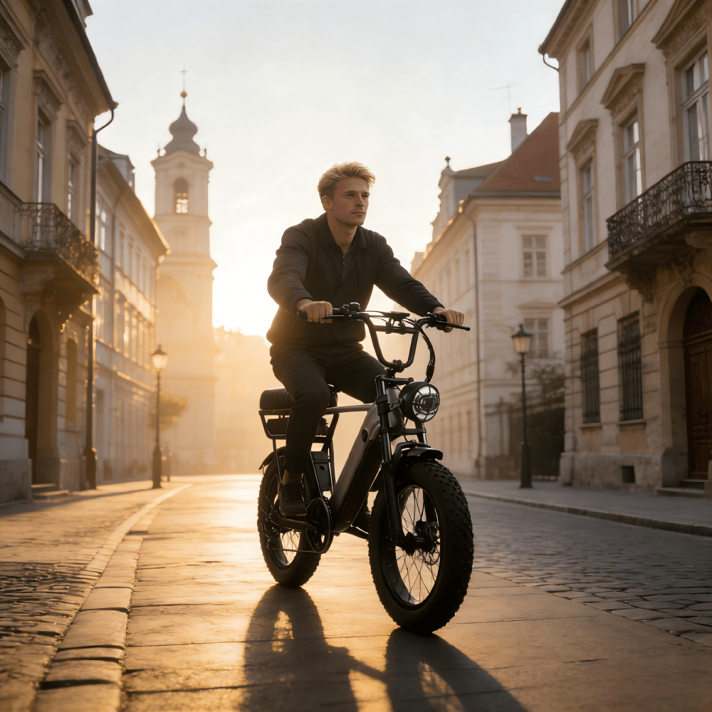 Uomo alla guida della fat bike elettrica YANGOR Y20 Pro in colore nero al tramonto
