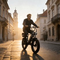 Uomo alla guida della fat bike elettrica YANGOR Y20 Pro in colore nero al tramonto