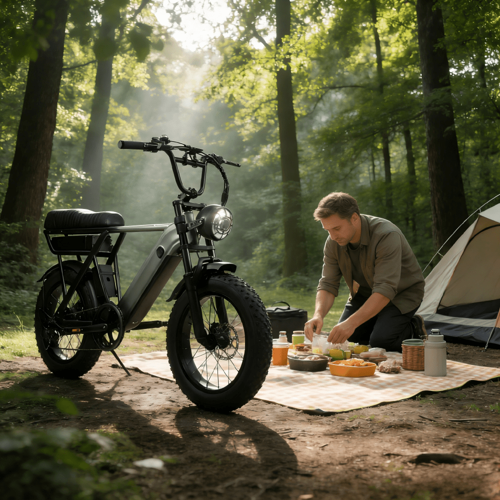 Persona seduta accanto alla fat bike elettrica YANGOR Y20 Pro in colore nero nel bosco