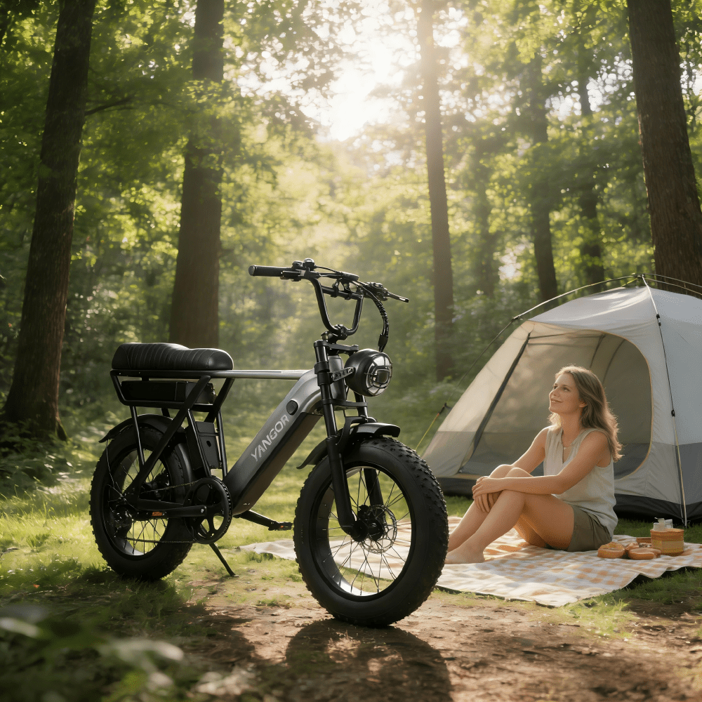 Persona seduta accanto alla fat bike elettrica YANGOR Y20 Pro in colore nero nel bosco al sole