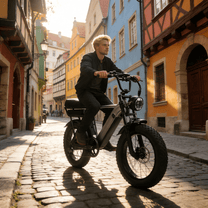 Uomo alla guida della fat bike elettrica YANGOR Y20 Pro in colore nero in città