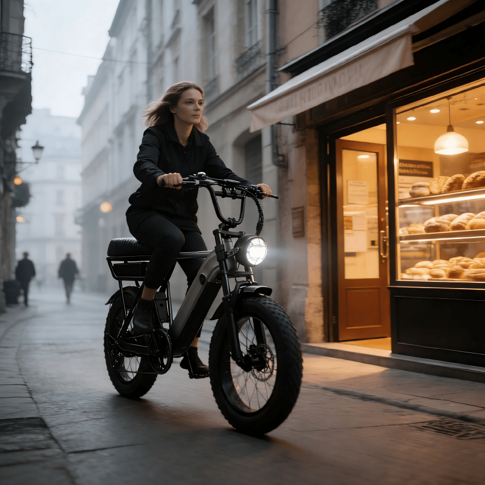 Donna alla guida della fat bike elettrica YANGOR Y20 Pro in colore nero in città