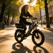 Donna alla guida della fat bike elettrica YANGOR Y20 Pro in colore nero in un parco
