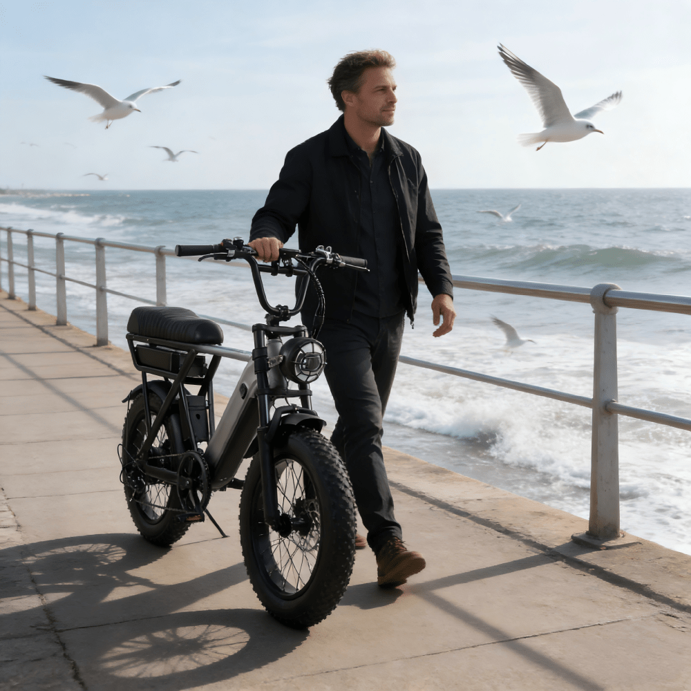 Uomo che passeggia con la fat bike elettrica YANGOR Y20 Pro in colore nero in riva al mare