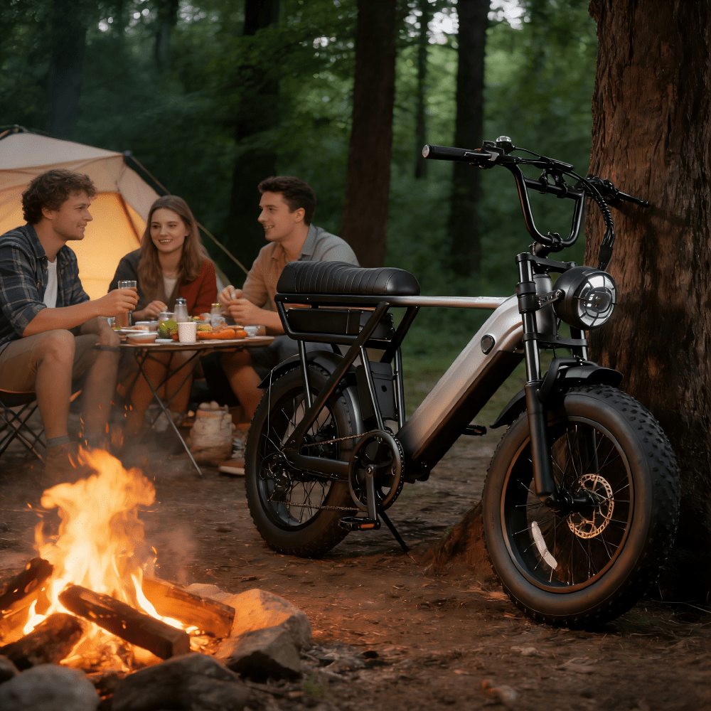 Persona seduta accanto alla fat bike elettrica YANGOR Y20 Pro in colore nero al tramonto