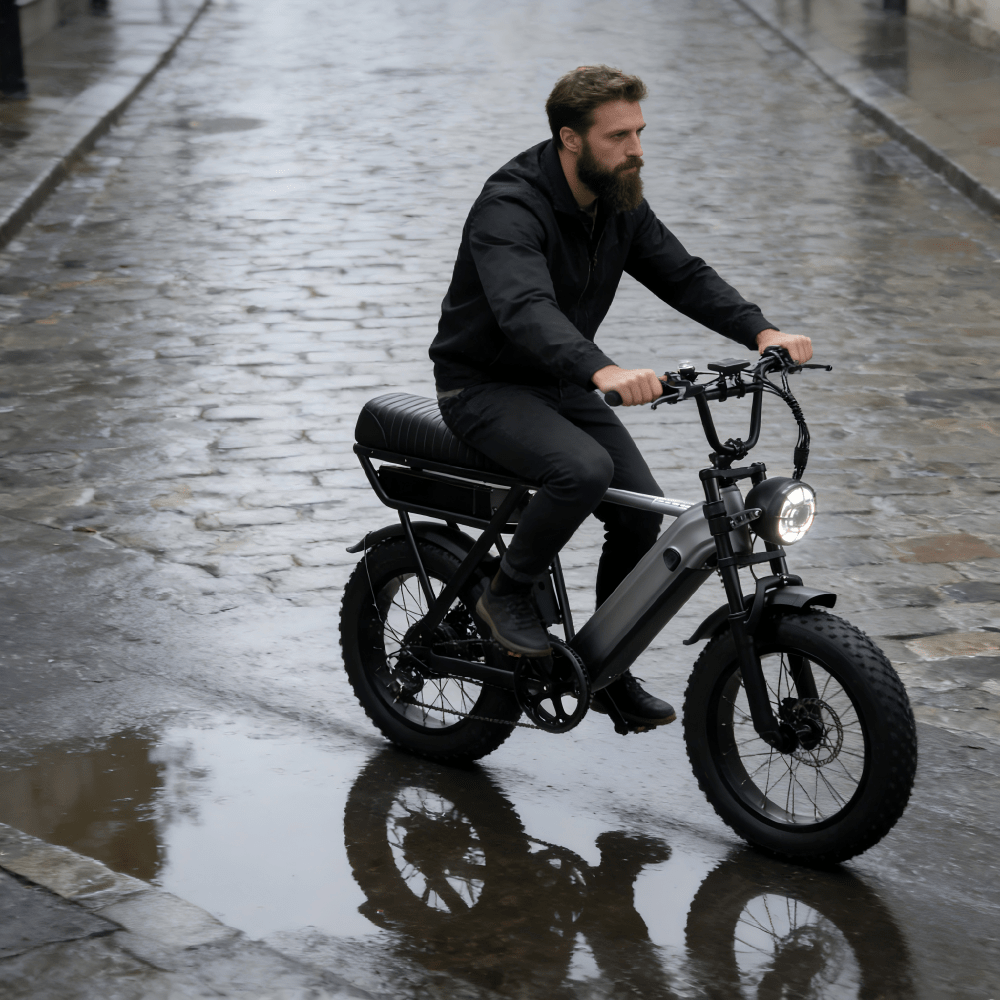 Uomo alla guida della fat bike elettrica YANGOR Y20 Pro in colore nero in una strada