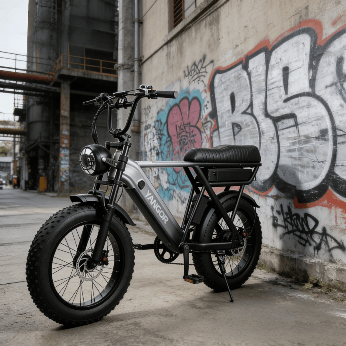 Fat bike elettrica YANGOR Y20 Pro vista di tre quarti in colore nero in città