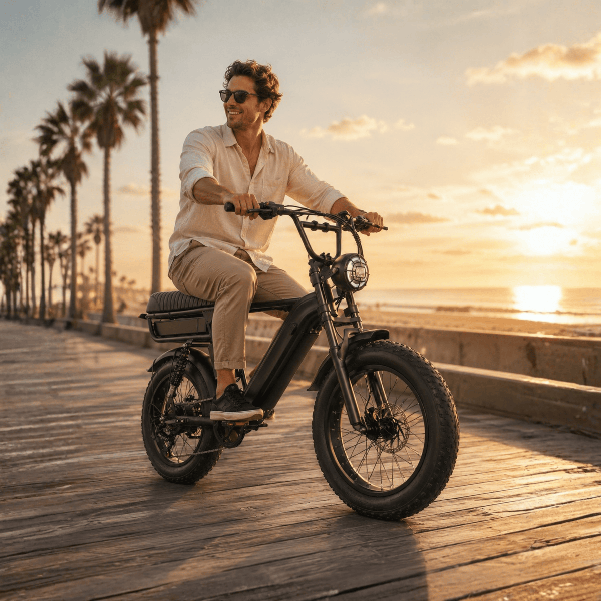 Uomo alla guida della fat bike elettrica YANGOR Y20 Pro Max in colore nero al tramonto