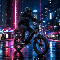 Uomo alla guida della fat bike elettrica YANGOR Y20 Pro Max in colore nero in città in un ambiente serale