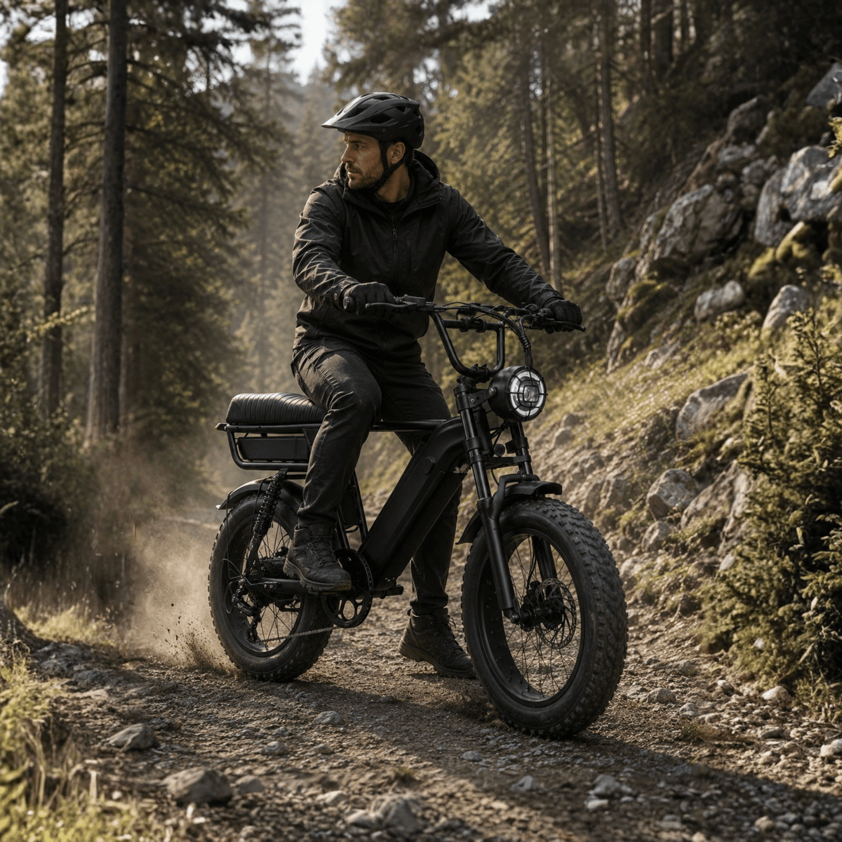 Uomo alla guida della fat bike elettrica YANGOR Y20 Pro Max in colore nero su un sentiero