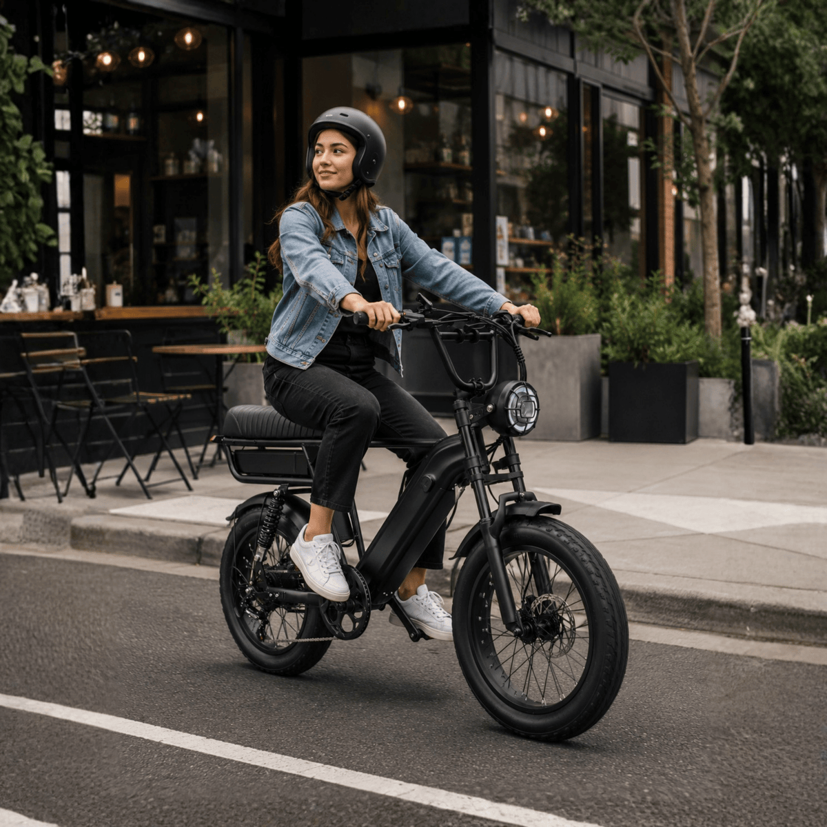 Donna alla guida della fat bike elettrica YANGOR Y20 Pro Max in colore nero in città
