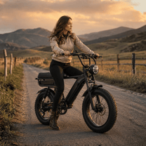 Donna alla guida della fat bike elettrica YANGOR Y20 Pro Max in colore nero su un prato