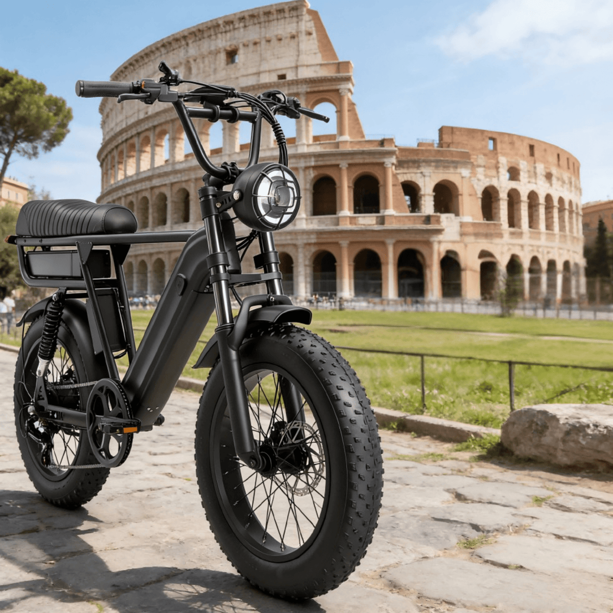 Fat bike elettrica YANGOR Y20 Pro Max vista di tre quarti in colore nero in un parco