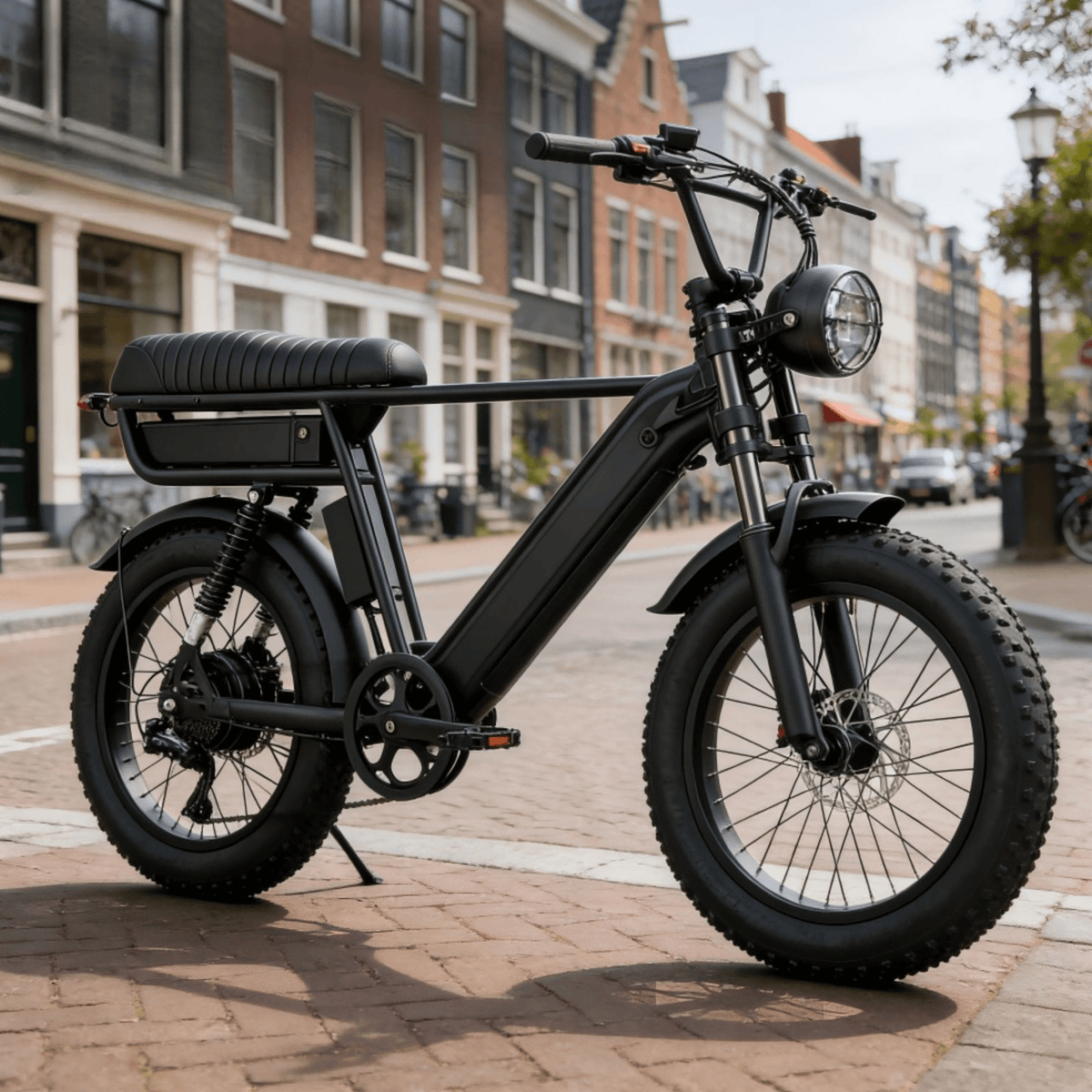 Fat bike elettrica YANGOR Y20 Pro Max vista di tre quarti da dietro in colore nero in città
