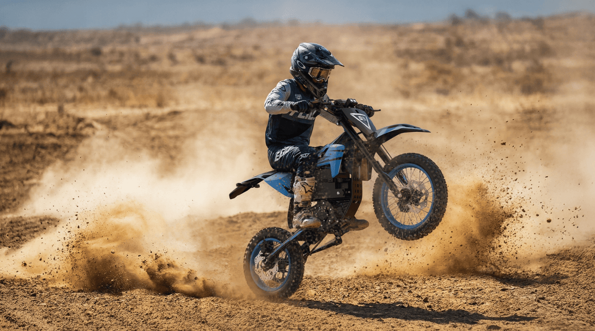 Pilota con la moto da cross elettrica ZAWES S3 in fuoristrada su terreno sabbioso