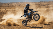 Pilota con la moto da cross elettrica ZAWES S3 in fuoristrada su terreno sabbioso